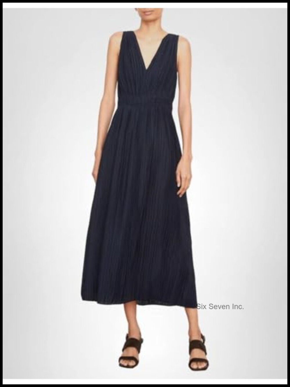 Pleated Double V-Neck Sleeveless A-Line Dress Rayon Blend